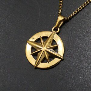 Gold North Star Pendant Chain Necklace Stainless Steel